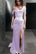 Sheath Off-the-Shoulder Sweep Train Silk like Satin Prom Dresses With Leg Slit