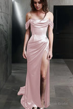 Sheath Off-the-Shoulder Sweep Train Silk like Satin Prom Dresses With Leg Slit