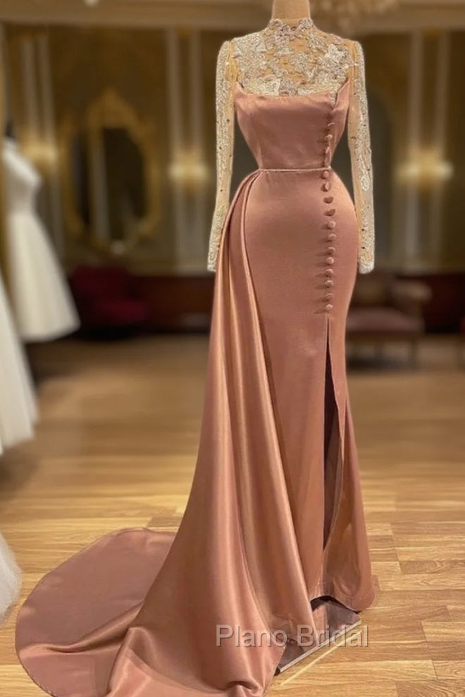 Goegeous Long Sleeves Mermaid Evening Dresses Lace High-Neck With Buttons Main image