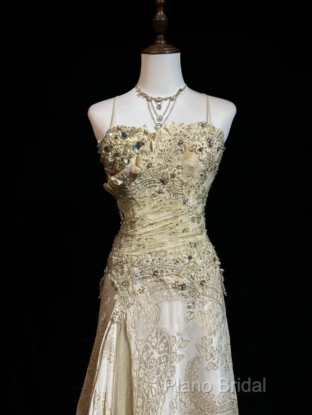 Gold A-Line Spaghetti Strap Satin Lace Long Formal Prom Dresses With Beaded Appliques Secondary image