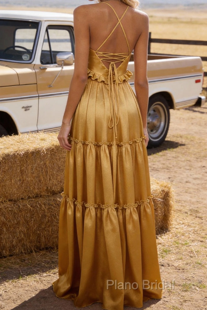 Gold A-line V Neck Sleeveless Floor-Length Prom Dress Long Prom Dresses Backless with Pleated Ruffles