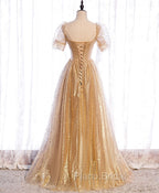 Gold Aline Tulle V Neck Long Formal Prom Dresses, Gold Formal Dresses