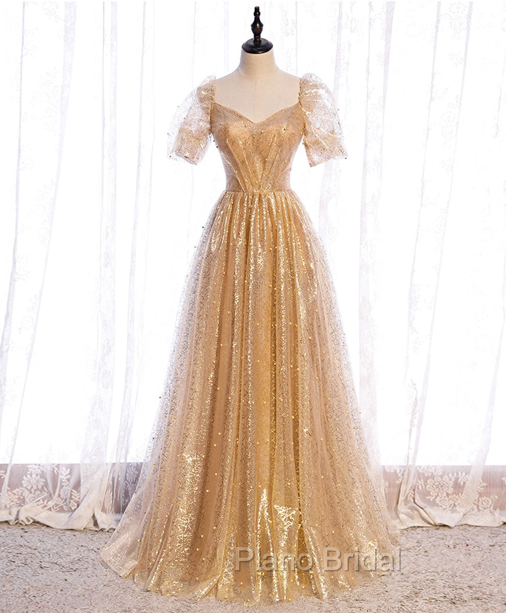 Gold Aline Tulle V Neck Long Formal Prom Dresses, Gold Formal Dresses Main image