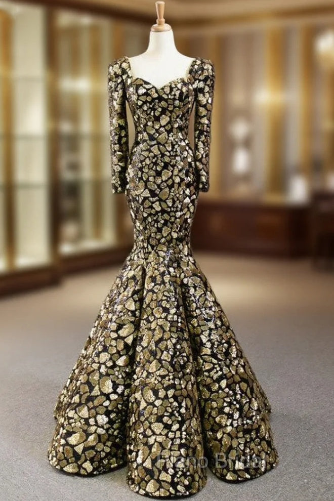 Gold And Black Sequins Mermaid Long Sleeve Square Formal Prom Dresses Main image