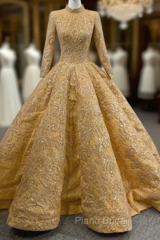 Gold Appliques Sequins High Neck Long Sleeve Formal Prom Dresses