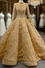 Gold Appliques Sequins High Neck Long Sleeve Formal Prom Dresses