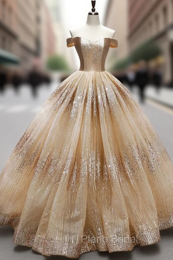 Gold Ball Gown Off The Shoulder Sequins Floor Length Wedding Dresses Main image