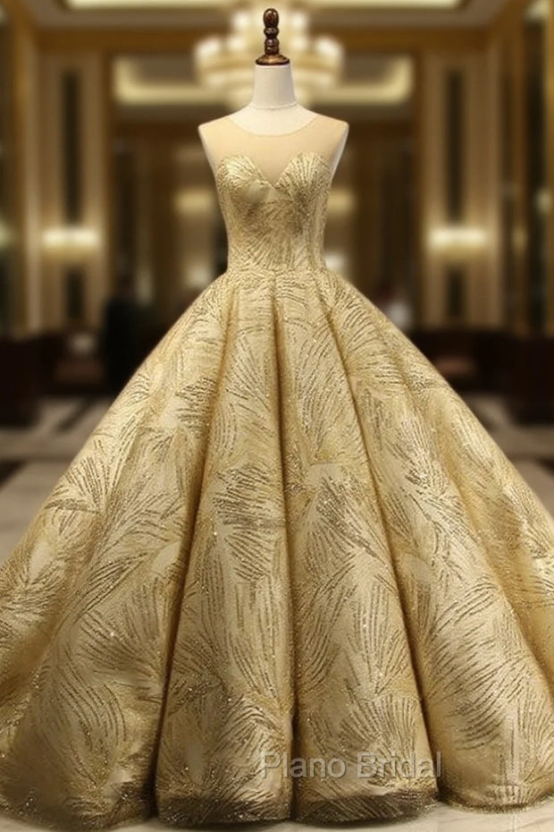 Gold Ball Gown Scoop Neck Sequins Backless Haute Couture Wedding Dresses