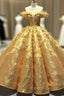 Gold Ball Gown Sequins Appliques See Through V-neck Formal Prom Dresses With Feather