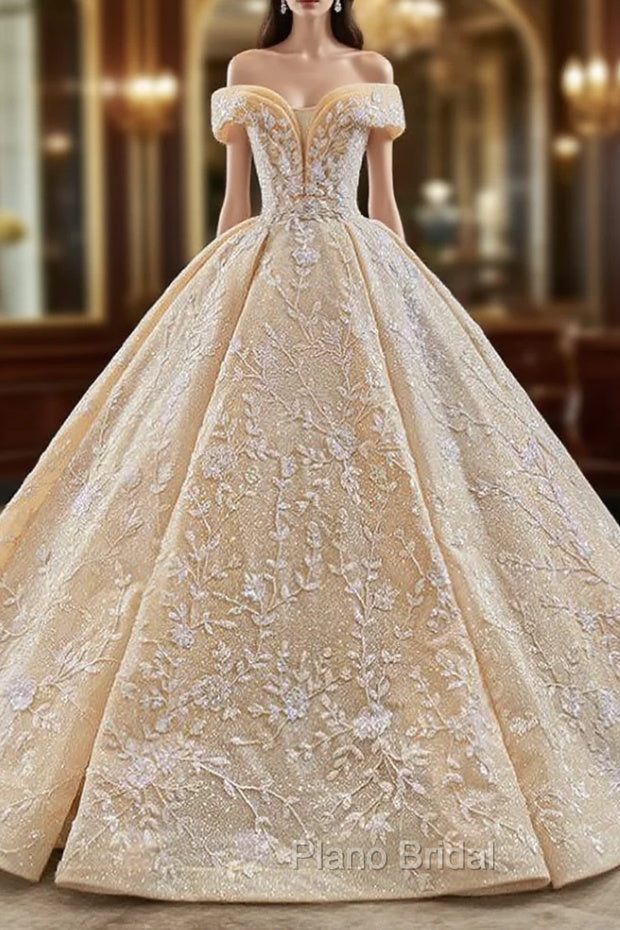 Gold Ball Gown Sequins Beading Off the Shoulder Formal Prom Dresses