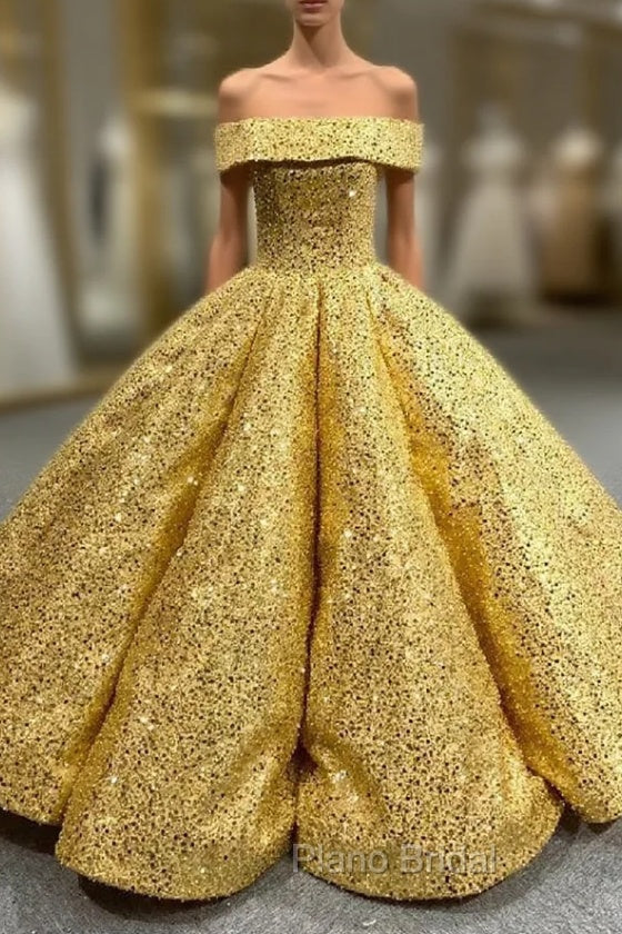 Gold Ball Gown Sequins Cap Sleeve Formal Prom Dresses Main image