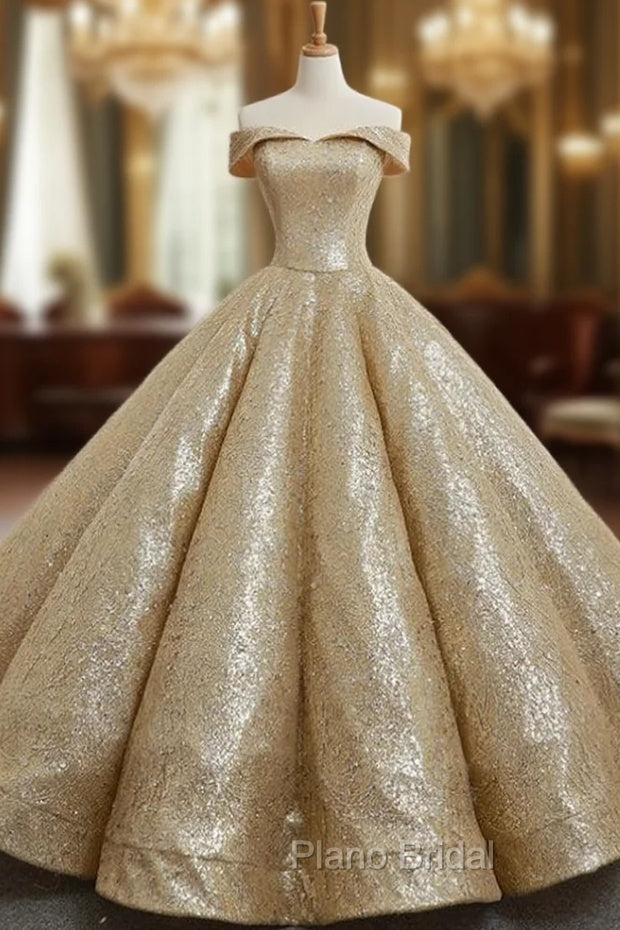 Gold Ball Gown Sequins Off The Shoulder Appliques Wedding Dresses
