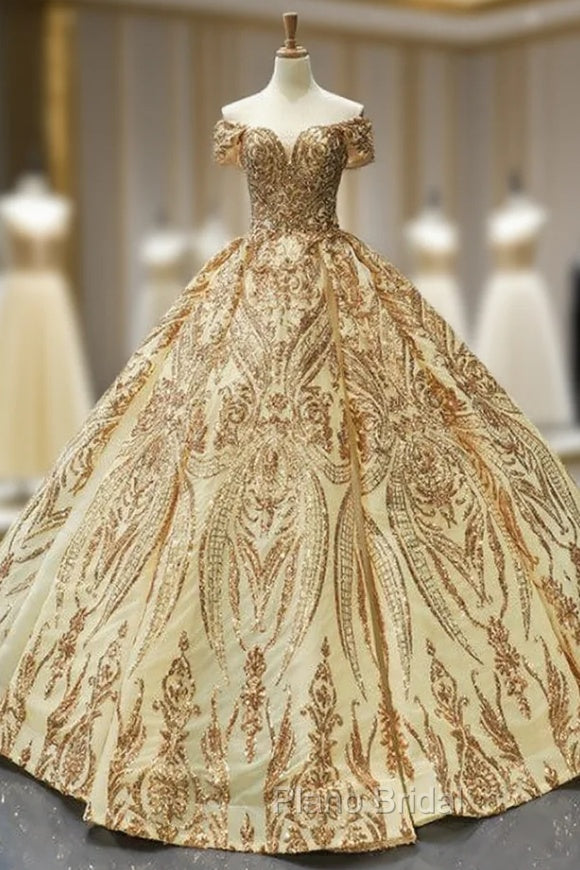 Gold Ball Gown Sequins Off the Shoulder Quinceanera Dresses