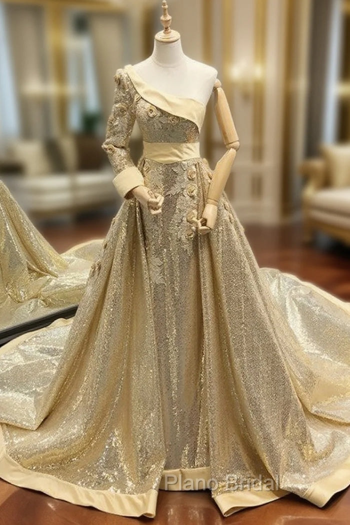 Gold Ball Gown Sequins One Shoulder Long Sleeve Appliques Formal Prom Dresses