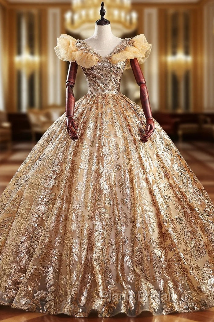 Gold Ball Gown Sequins Scoop Neck Quinceanera Dresses Main image