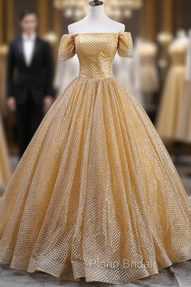 Gold Ball Gown Sequins Short Sleeve Quinceanera Dresses With Train