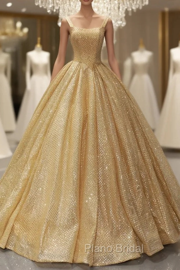 Gold Ball Gown Sequins Straps Floor Length Sweet 16 Formal Prom Dresses Main image
