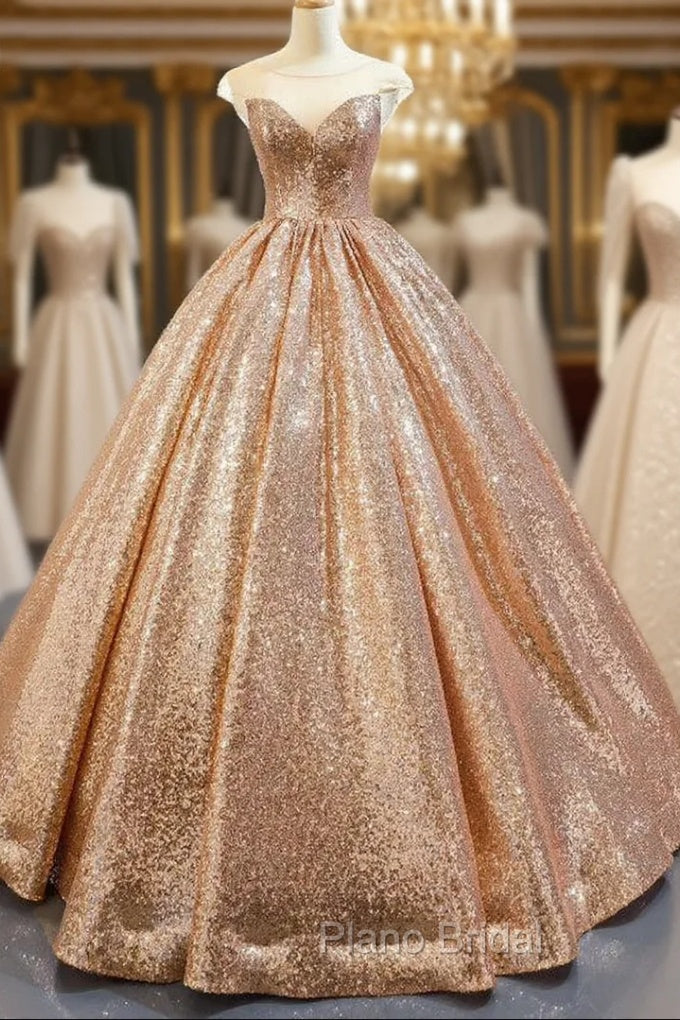 Gold Ball Gown Seuqins Cap Sleeve Long Floor Length Formal Prom Dresses Main image