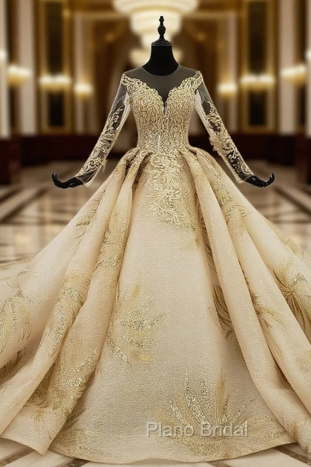 Gold Ball Gown Tulle Appliques Beading Long Backless Wedding Dresses Main image