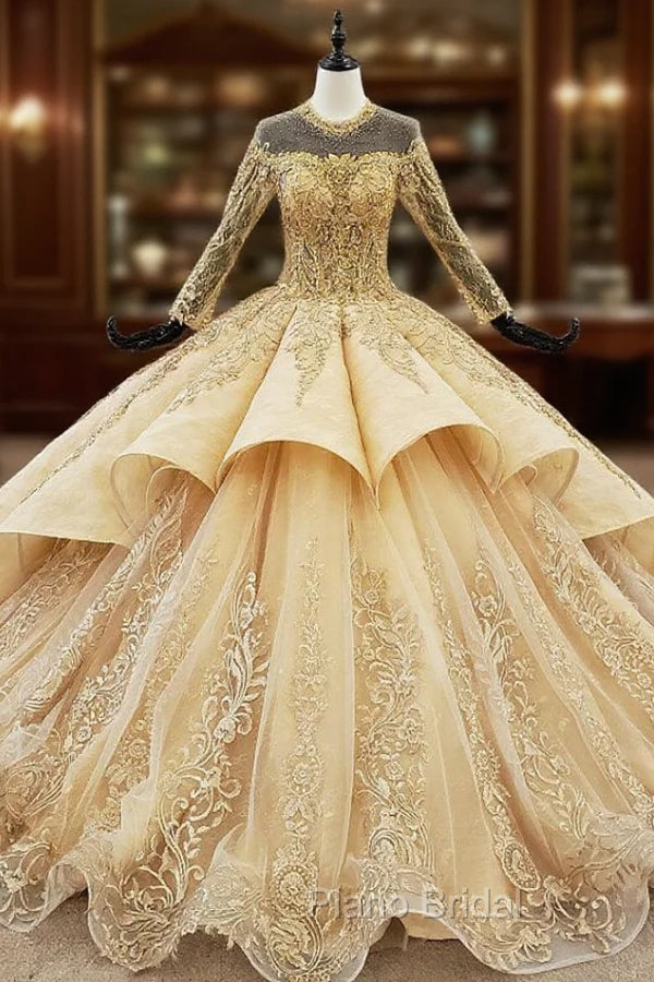 Gold Ball Gown Tulle Long Sleeve Appliques Backless Wedding Dresses Main image