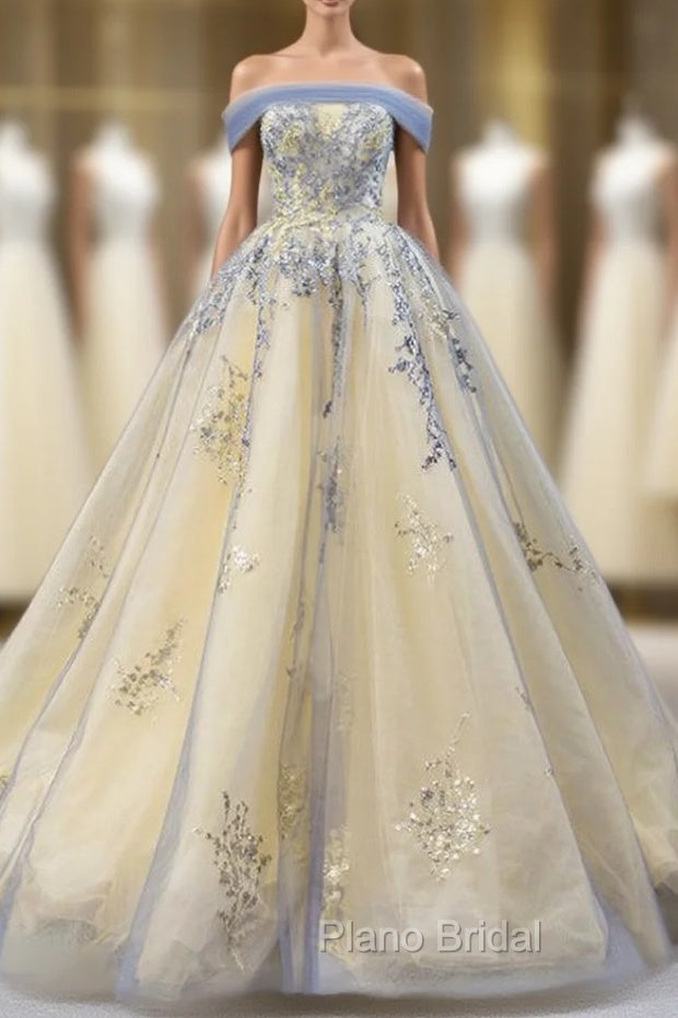 Gold Ball Gown Tulle Off the Shoulder Sequins Formal Prom Dresses Main image