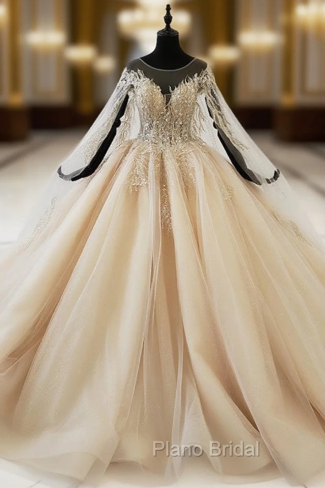 Gold Ball Gown Tulle Sequins Backless Appliques Beading Wedding Dresses Main image