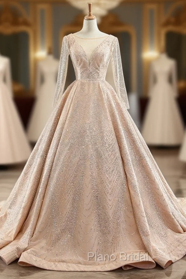 Gold Ball Gown Tulle Sequins Long Sleeve Backless Formal Prom Dresses Main image