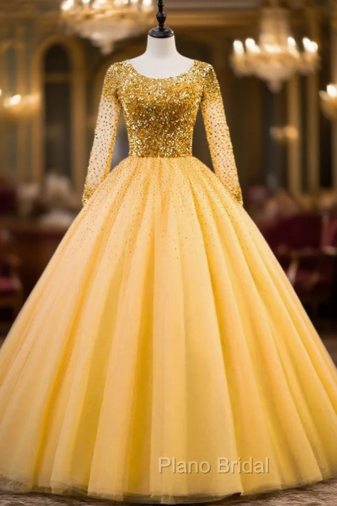 Gold Ball Gown Tulle Sequins Long Sleeve Backless Quinceanera Dresses Main image