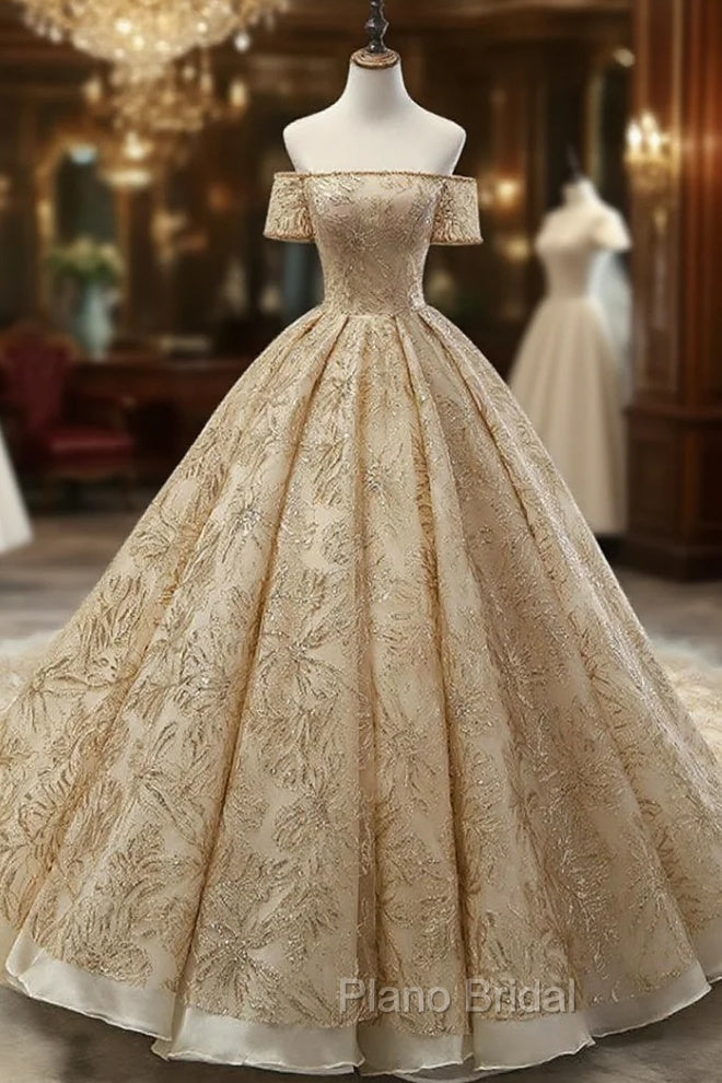Gold Ball Gown Tulle Sequins Off The Sholuder Short Sleeve Wedding Dresses Main image
