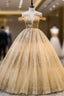 Gold Ball Gown Tulle Sequins Off the Shoulder Pleats Quinceanera Dresses