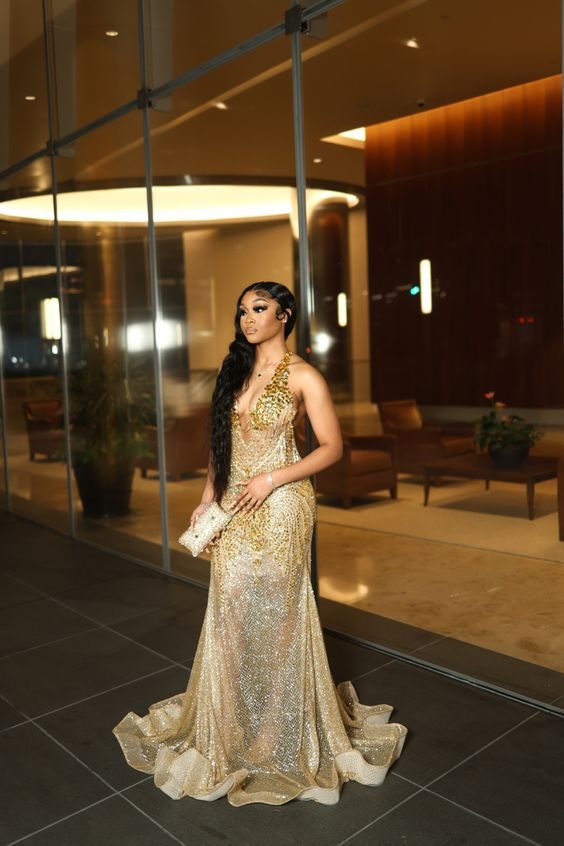 Gold Beaded Sequin Mermaid Formal Prom Dresses Formal Evening Dresses