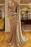 Gold Evening Dresses A-Line V-Neck Long Sleeves Sequins Long Turkey Dubai Saudi Arabic Evening Gown Formal Prom Dresses