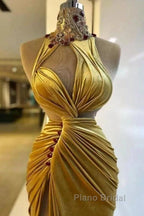 Gold Evening Dresses Sheath High Collar Velvet Beaded Slit Long Turkey Dubai Saudi Arabic Evening Gown Formal Prom Dresses