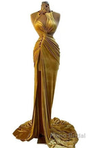 Gold Evening Dresses Sheath High Collar Velvet Beaded Slit Long Turkey Dubai Saudi Arabic Evening Gown Formal Prom Dresses