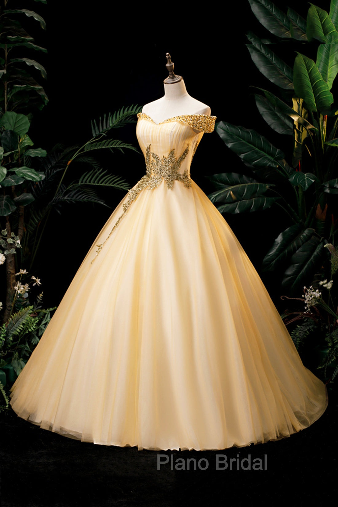 Gold Floor Length Tulle Beading Formal Dresses, Lovely Off the Shoulder Evening Party Dresses Secondary image