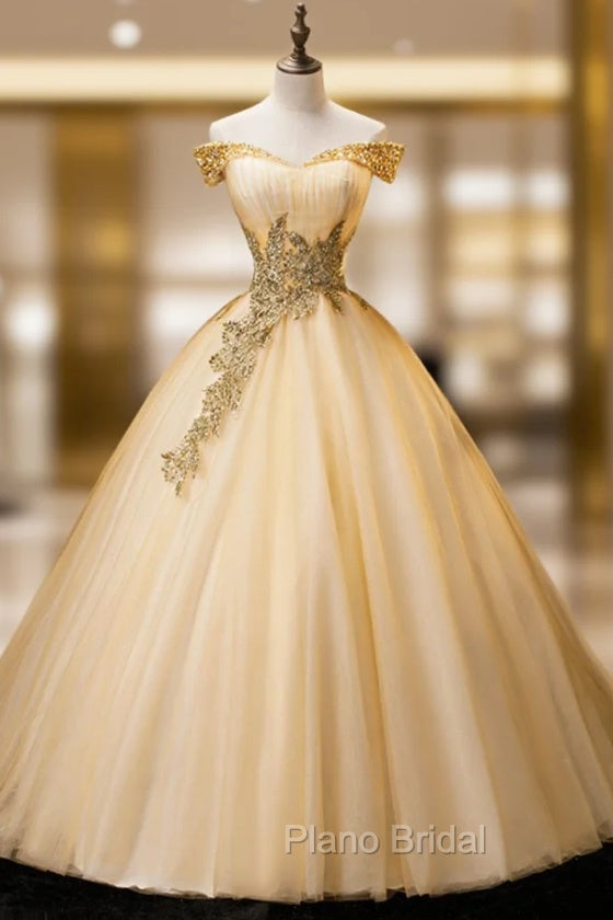 Gold Floor Length Tulle Beading Formal Dresses, Lovely Off the Shoulder Evening Party Dresses Main image