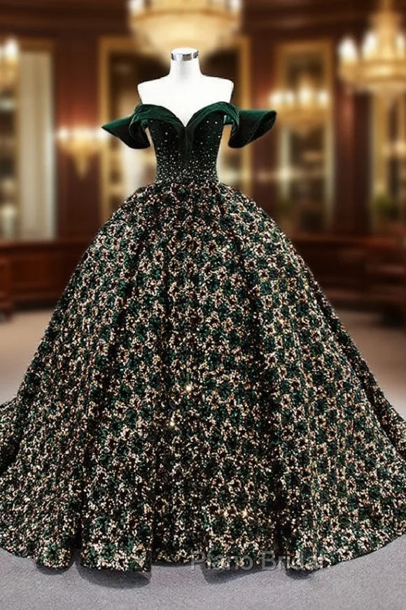 Gold Green Ball Gown Sequins Off the Shoulder Formal Prom Dresses