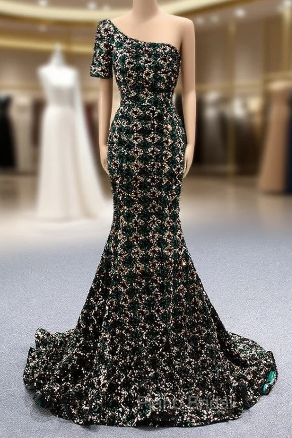 Gold Green Mermaid Sequins One Shoulder Formal Prom Dresses