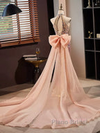 Gold Halter Beading Sequin Mermaid Formal Prom Dresses With Detachable Bow