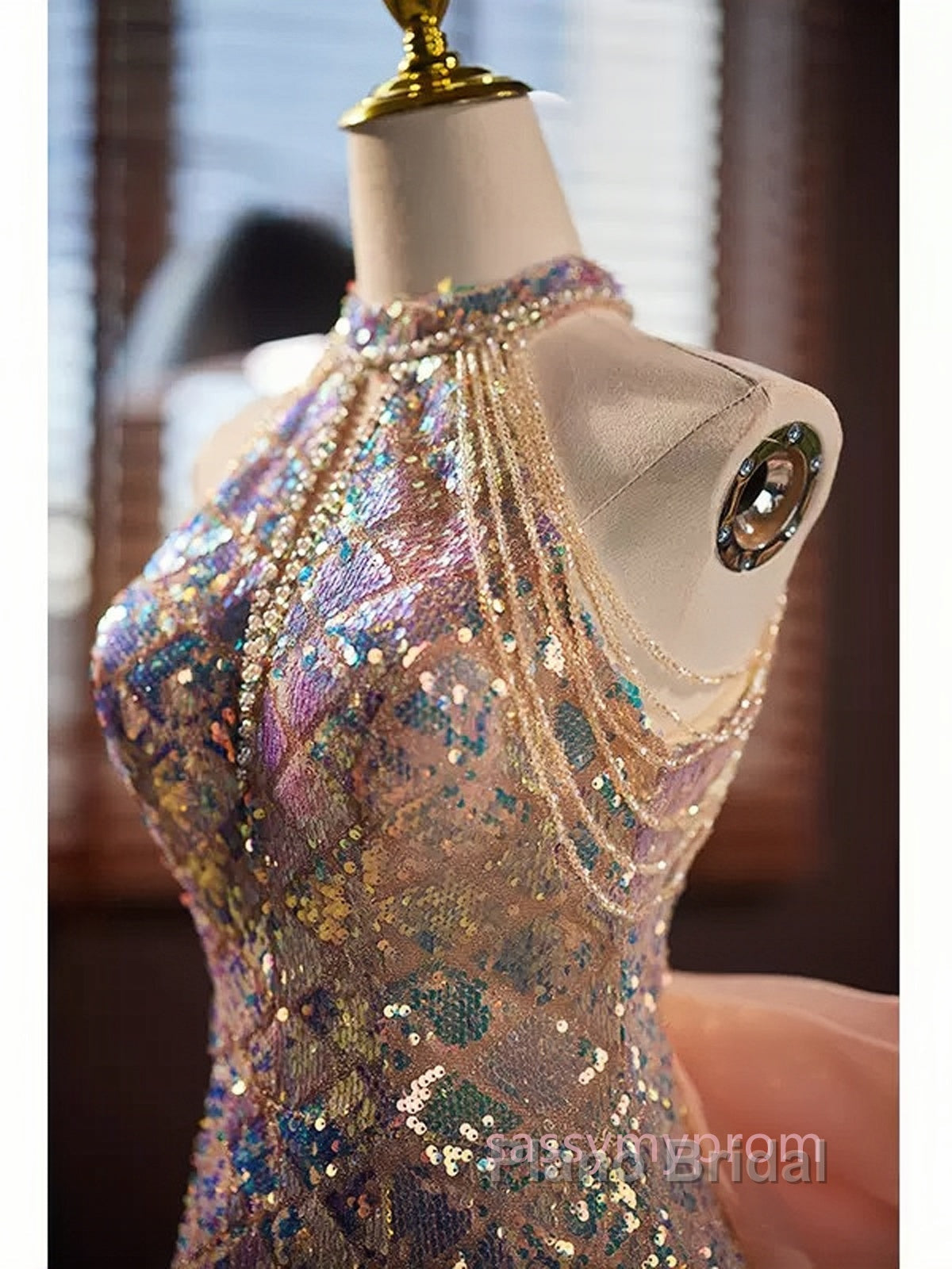 Gold Halter Beading Sequin Mermaid Formal Prom Dresses With Detachable Bow