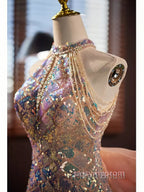 Gold Halter Beading Sequin Mermaid Formal Prom Dresses With Detachable Bow