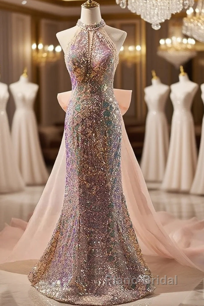 Gold Halter Beading Sequin Mermaid Formal Prom Dresses With Detachable Bow