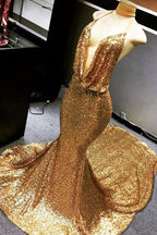 Gold Halter V-Neck Mermaid Charming Sequined Deep Flow Neck Prom Party Gowns