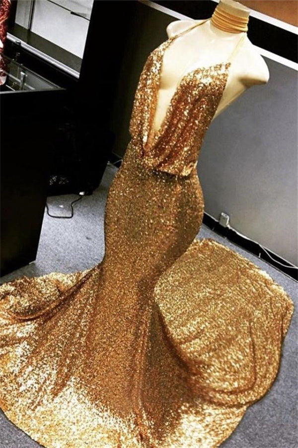 Gold Halter V-Neck Mermaid Charming Sequined Deep Flow Neck Prom Party Gowns