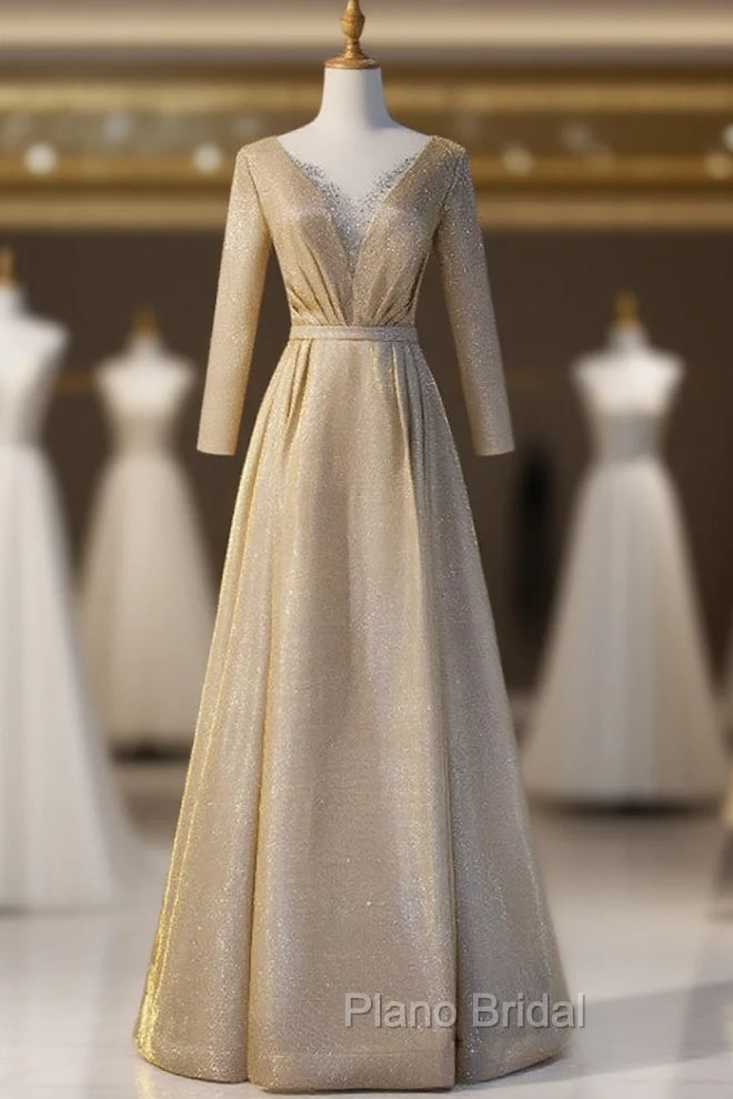 Gold Illusion V-neck Beading Short Sleeve Formal Prom Dresses Main image