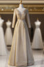 Gold Illusion V-neck Beading Short Sleeve Formal Prom Dresses