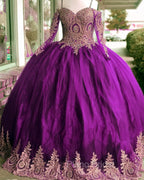 Gold Lace Charro Quinceanera Dresses Long Sleeve Off The Shoulder