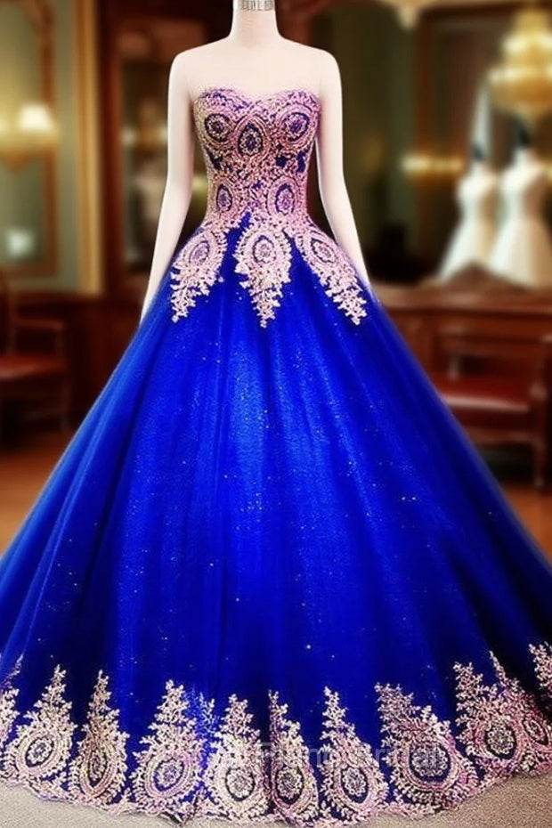Gold Lace Sweetheart Tulle Ball Gowns Quinceanera Dresses Main image