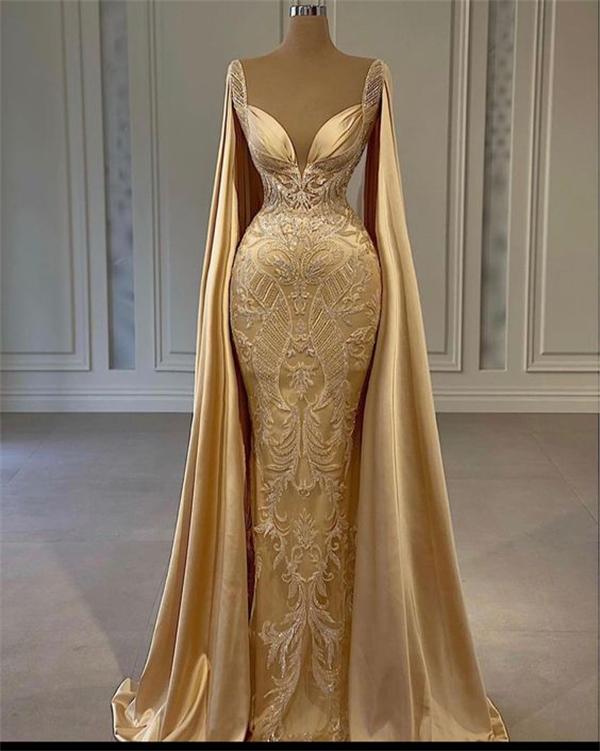 Gold Mermaid Formal Prom Dresses With Wrap Beaded Lace Appliqued Formal Evening Dresses Party Second Reception Gowns Plus Size