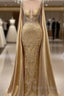 Gold Mermaid Formal Prom Dresses With Wrap Beaded Lace Appliqued Evening Dresses Party Second Reception Gowns Plus Size